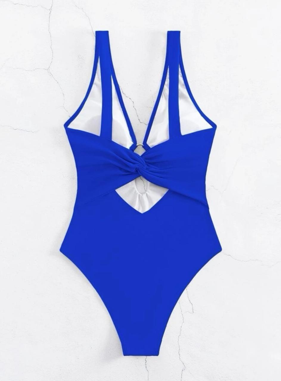 Traje de Baño de Una Pieza Azul Real Escote en V y Detalle de Aro-4