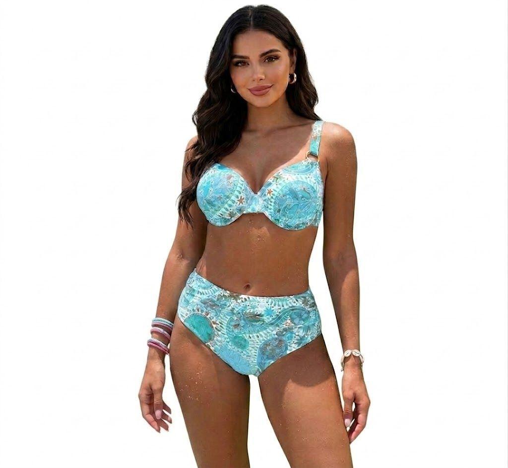 Bikini Dos Piezas Color Turquesa con Estampado de Mandalas y Tiro Alto-0