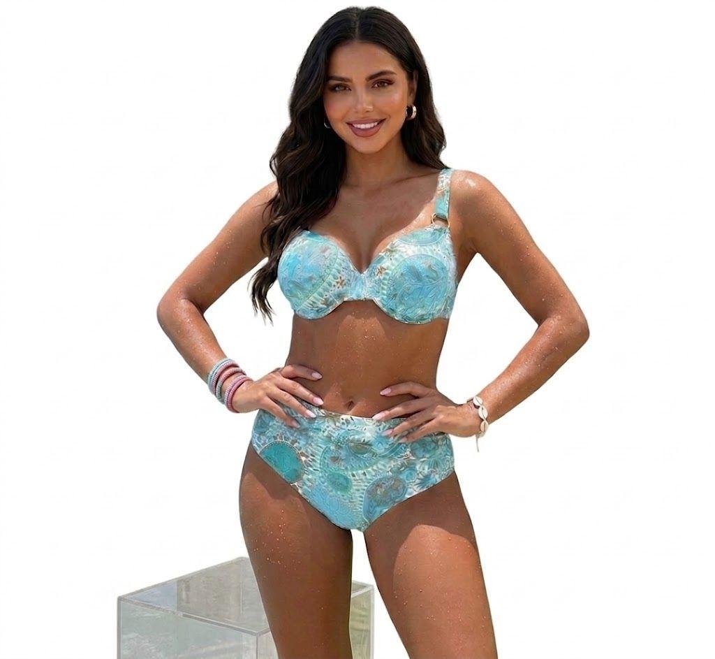 Bikini Dos Piezas Color Turquesa con Estampado de Mandalas y Tiro Alto-1