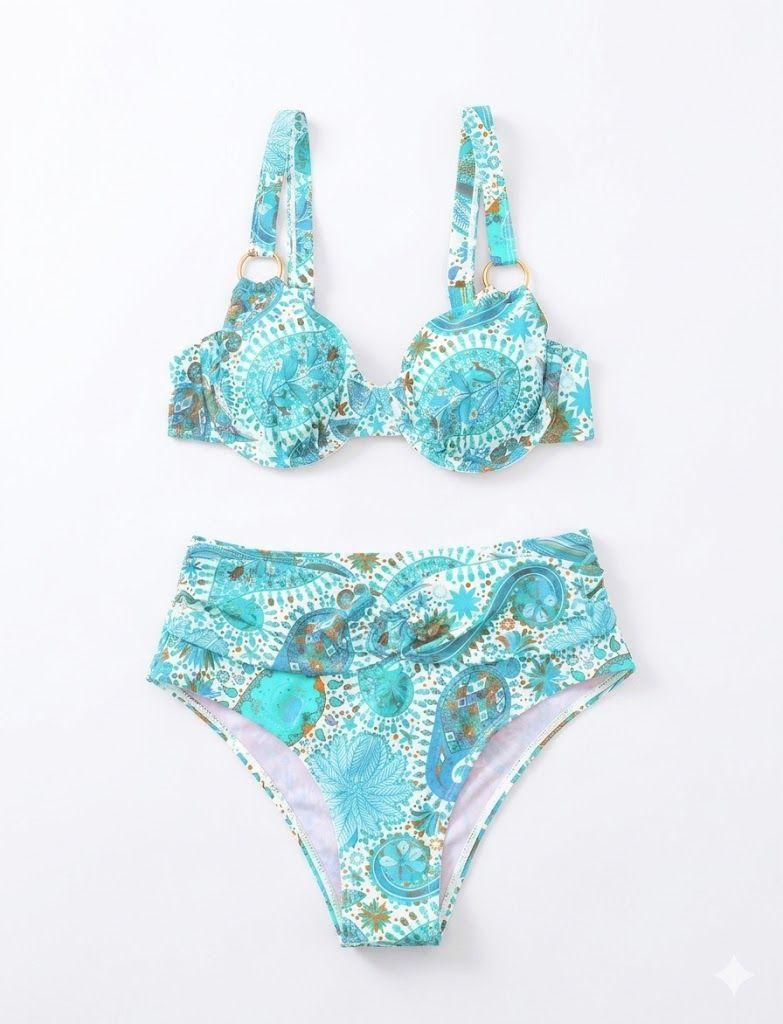 Bikini Dos Piezas Color Turquesa con Estampado de Mandalas y Tiro Alto-5