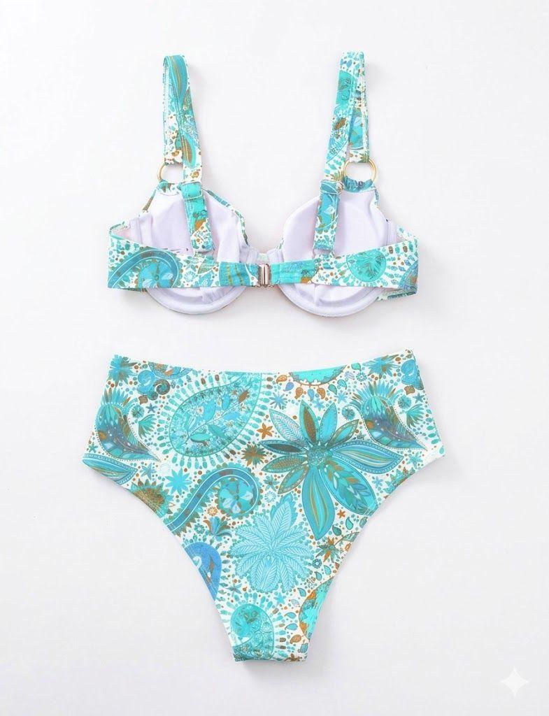 Bikini Dos Piezas Color Turquesa con Estampado de Mandalas y Tiro Alto-6