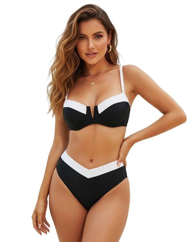 Bikini Bicolor Negro con Blanco Top con Soporte y Bottom de Tiro Alto-0