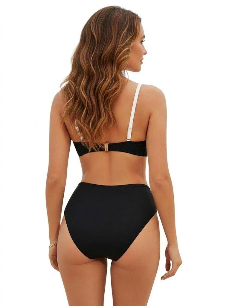 Bikini Bicolor Negro con Blanco Top con Soporte y Bottom de Tiro Alto-1