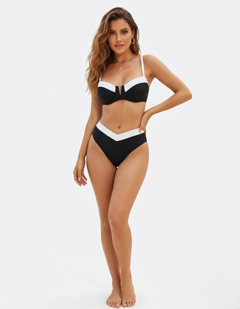 Bikini Bicolor Negro con Blanco Top con Soporte y Bottom de Tiro Alto-2