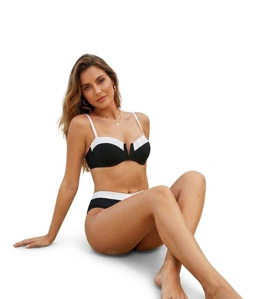 Bikini Bicolor Negro con Blanco Top con Soporte y Bottom de Tiro Alto-6