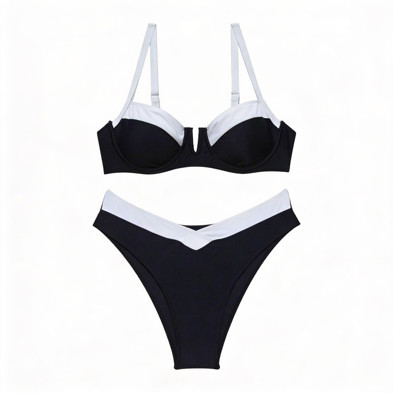 Bikini Bicolor Negro con Blanco Top con Soporte y Bottom de Tiro Alto-7