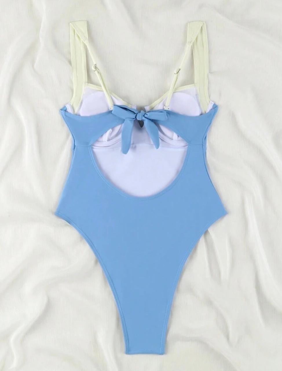Traje De Baño Azul Celeste Con Blanco Crema Bicolor con Copas-3