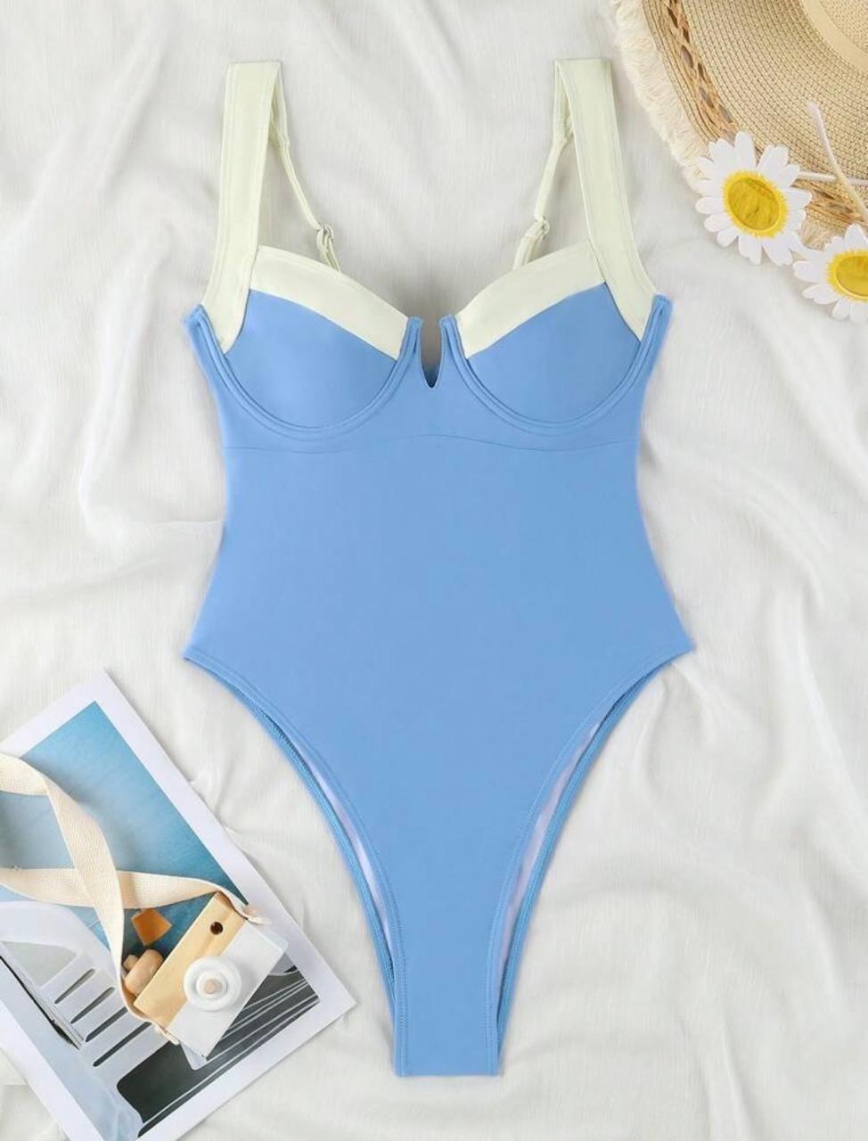 Traje De Baño Azul Celeste Con Blanco Crema Bicolor con Copas-2