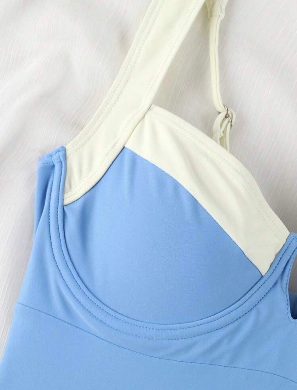 Traje De Baño Azul Celeste Con Blanco Crema Bicolor con Copas-4
