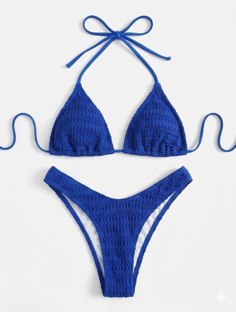 Bikini Clásico Azul Real Texturizado Top Triangulo -5