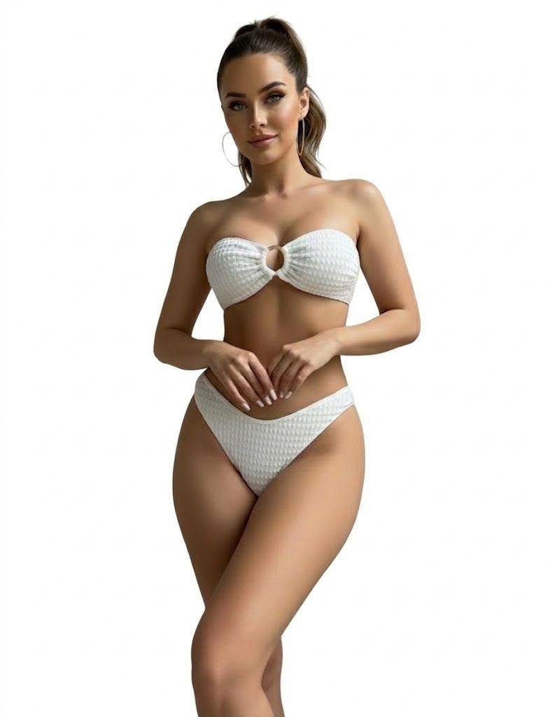 Bikini 3 Piezas Texturizado Blanco Top con Aro y Pareo a Juego-2