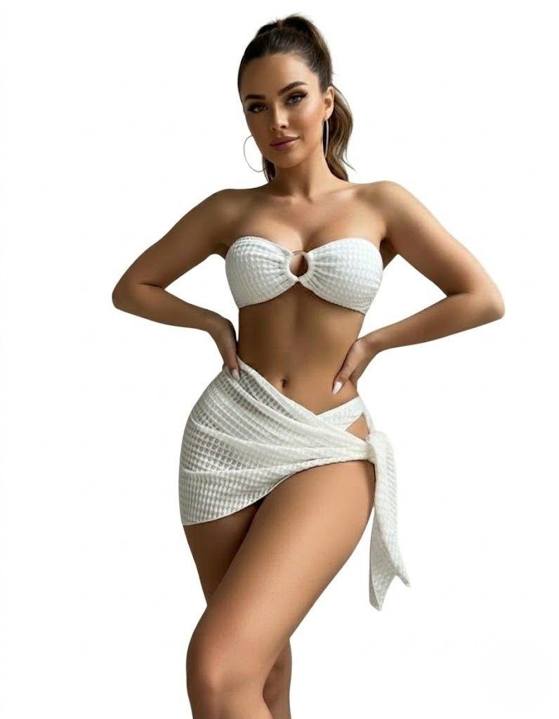 Bikini 3 Piezas Texturizado Blanco Top con Aro y Pareo a Juego-3