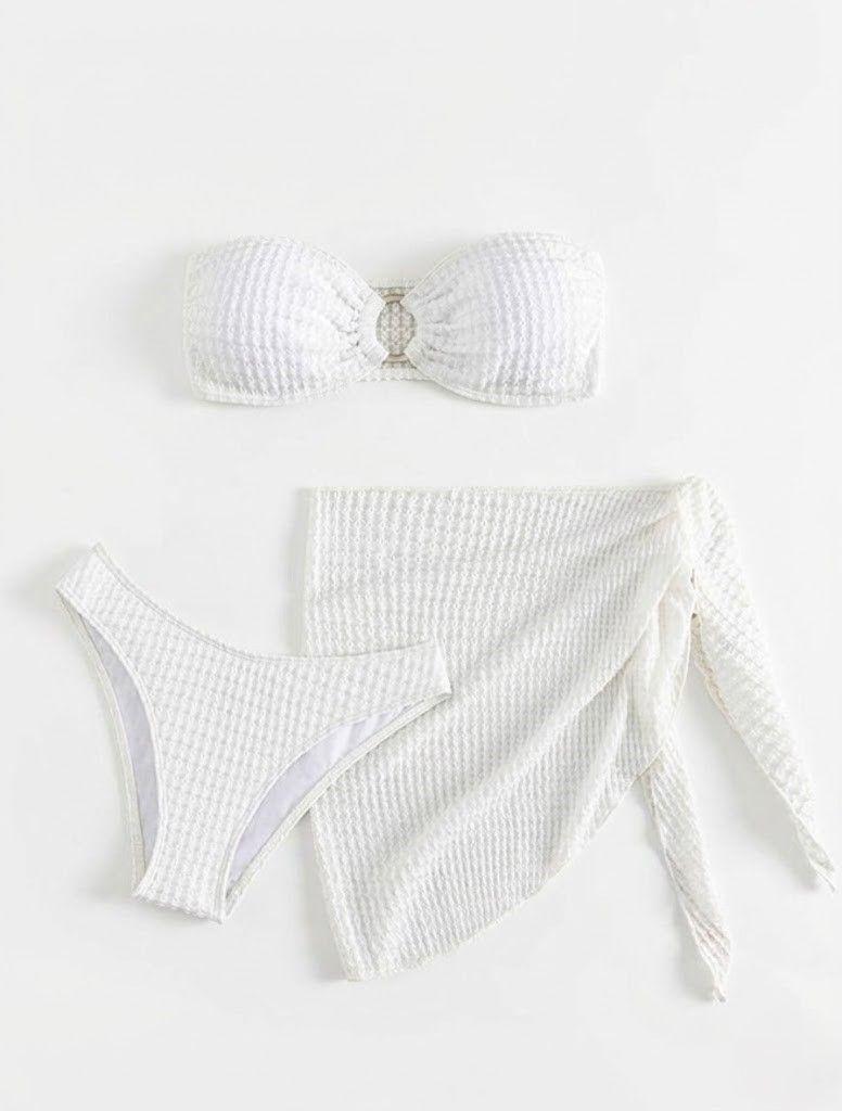 Bikini 3 Piezas Texturizado Blanco Top con Aro y Pareo a Juego-5