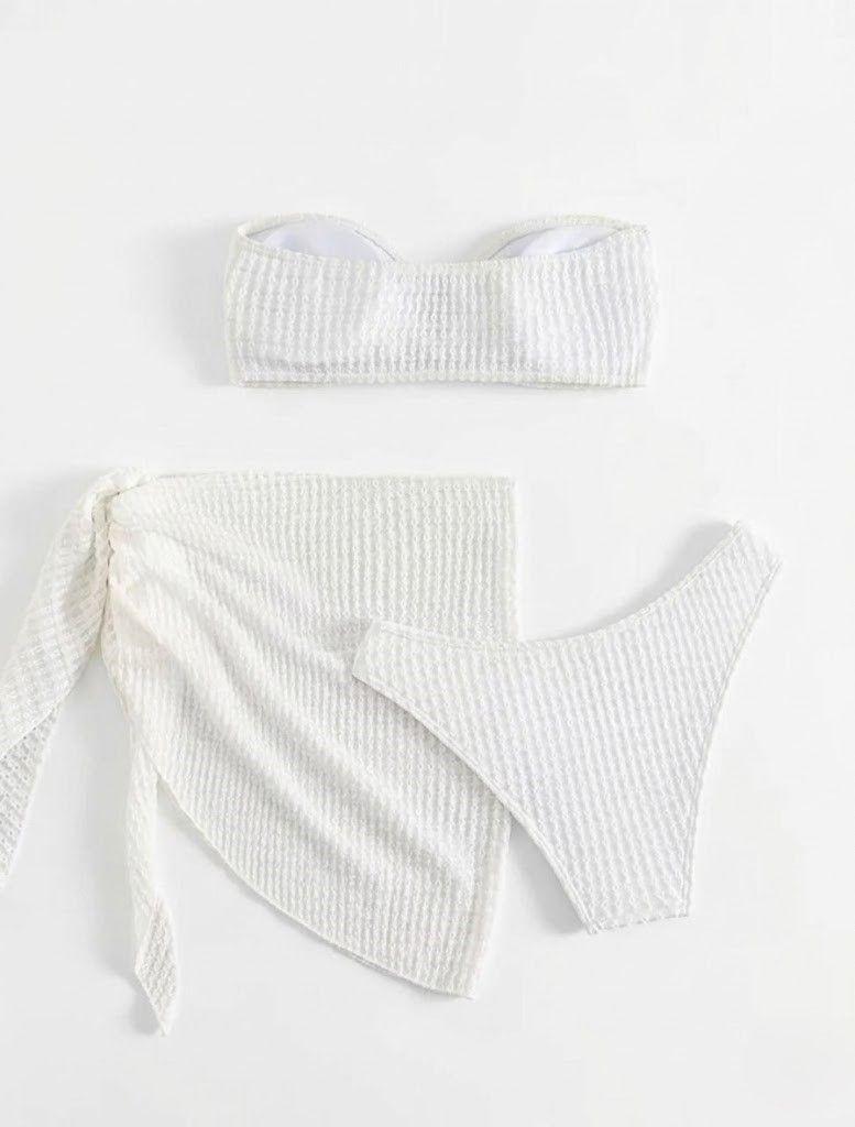 Bikini 3 Piezas Texturizado Blanco Top con Aro y Pareo a Juego-6