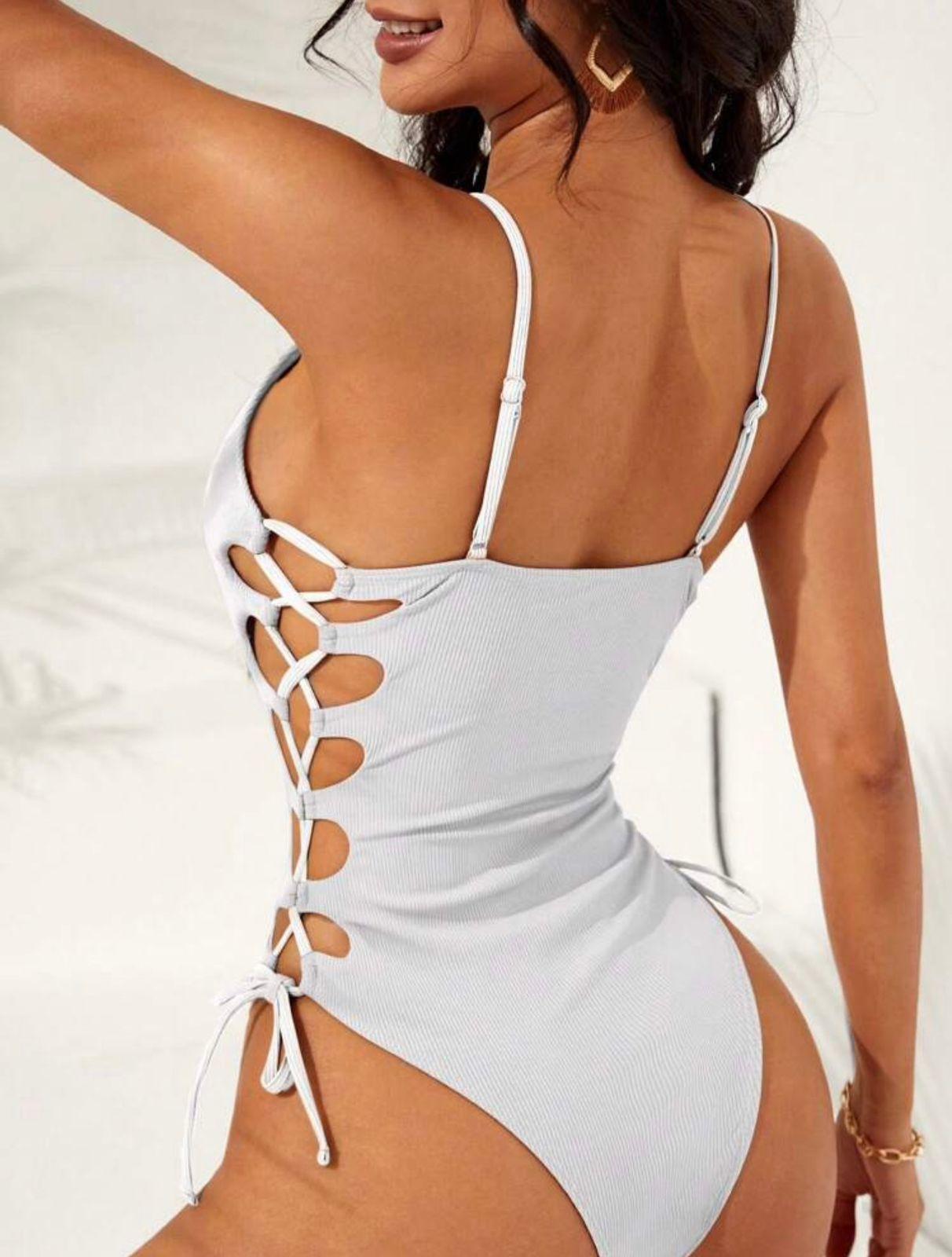 Traje de Baño Entero Acanalado Blanco Detalle Lateral Tejido Ajustable-3