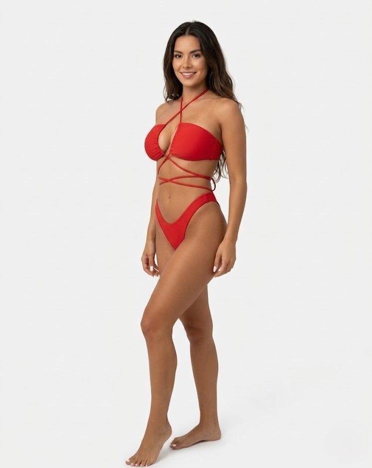 Bikini Rojo Top de Tiras Cruzadas y Braga Colaless-4