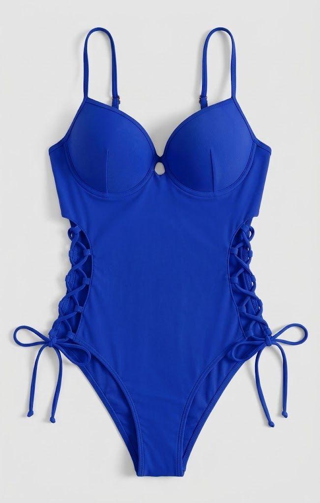 Traje De Baño Entero Mujer Azul Rey Con Copas y Cordones Laterales-4