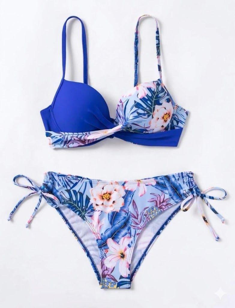 Bikini Dos Piezas Azul con Estamapdo Floral Top de Copa y Calz n Ajustable-4