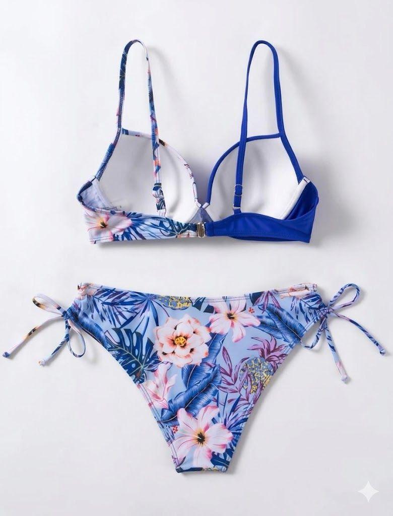Bikini Dos Piezas Azul con Estamapdo Floral Top de Copa y Calz n Ajustable-5