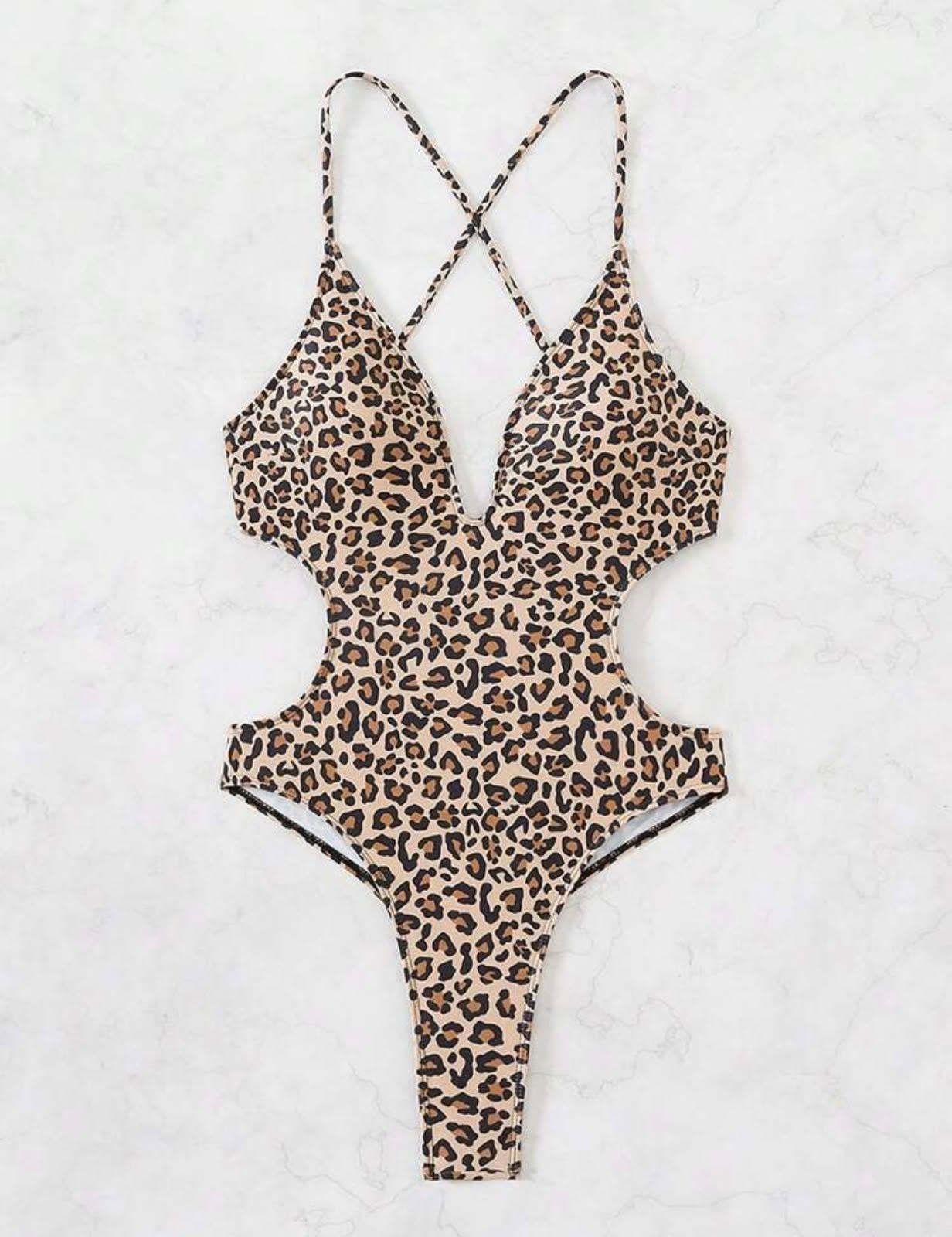 Traje De Baño Leopardo Print Escote En V Espalda Cruzada Colaless-3