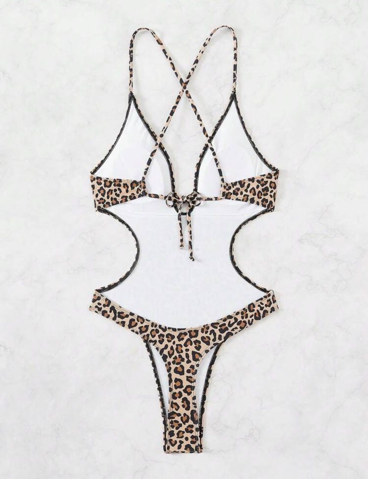 Traje De Baño Leopardo Print Escote En V Espalda Cruzada Colaless-4