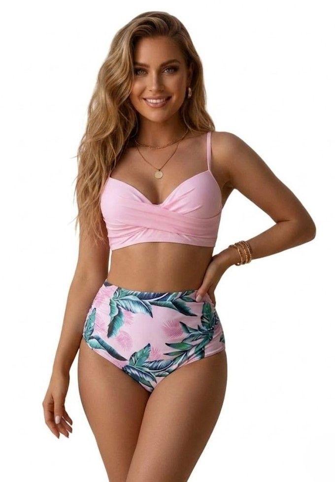 Bikini de Dos Piezas Rosa Tiro Alto con Estampado Floral-2