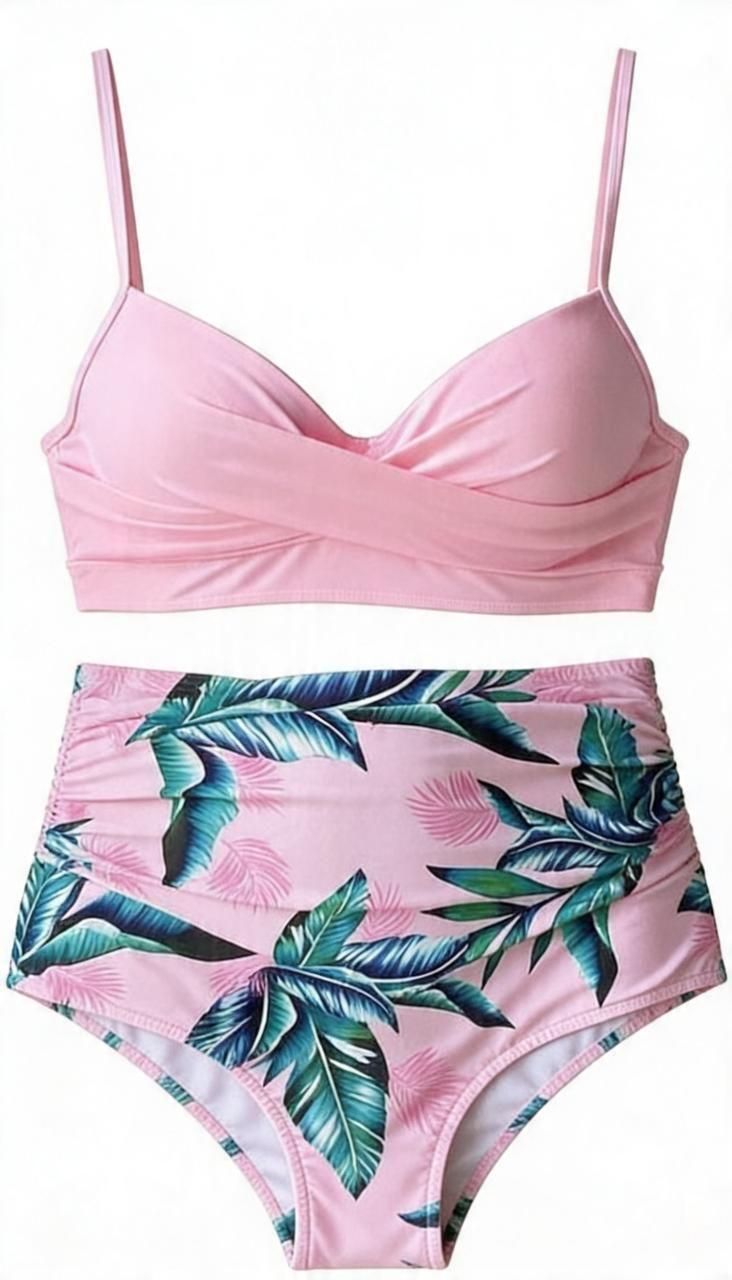 Bikini de Dos Piezas Rosa Tiro Alto con Estampado Floral-6
