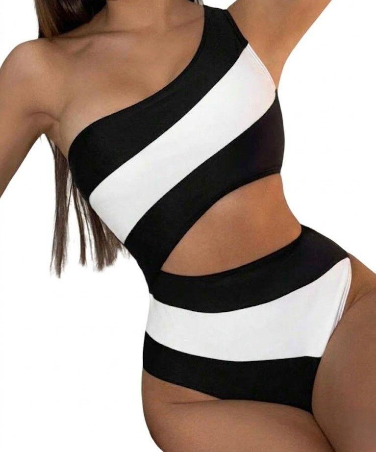 Traje de Baño Entero Asimetrico con Diseño de Franjas Negro y Blanco-1
