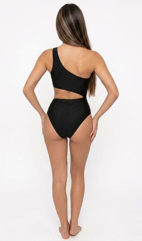 Traje de Baño Entero Asimetrico con Diseño de Franjas Negro y Blanco-3
