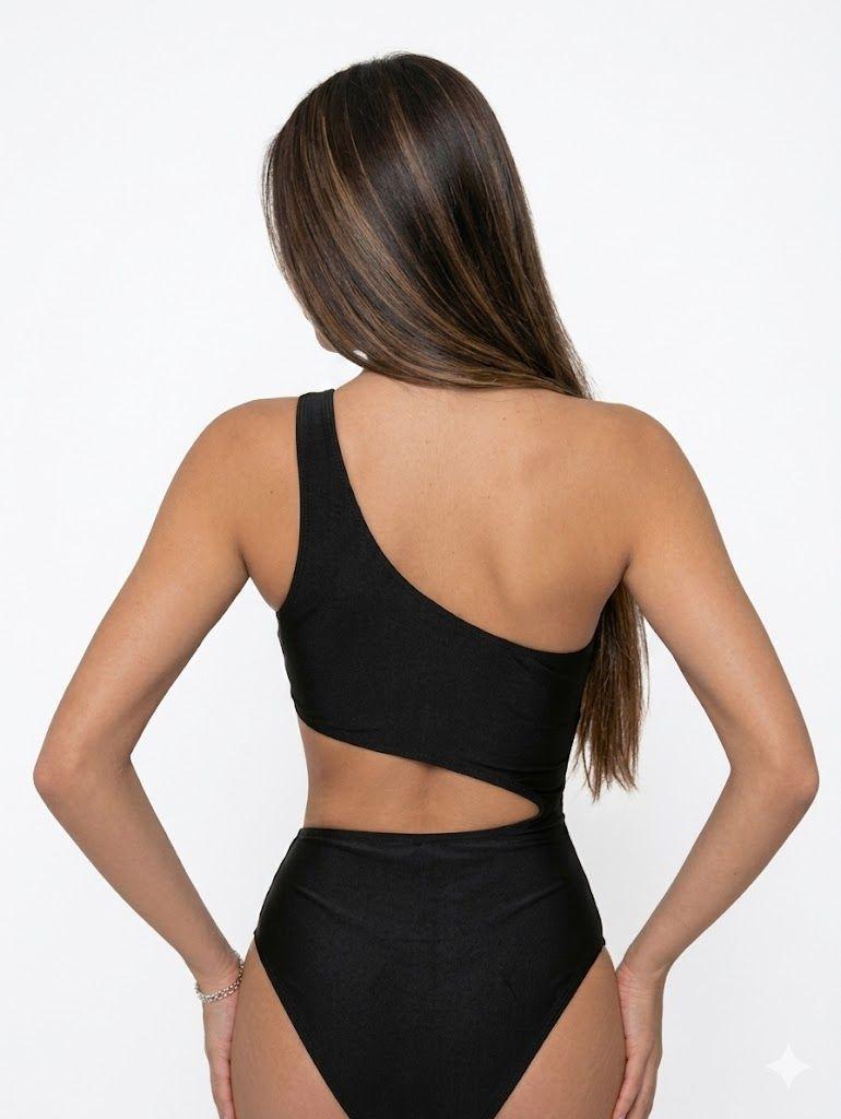 Traje de Baño Entero Asimetrico con Diseño de Franjas Negro y Blanco-5