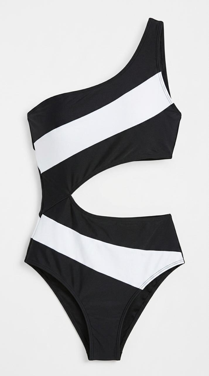 Traje de Baño Entero Asimetrico con Diseño de Franjas Negro y Blanco-6