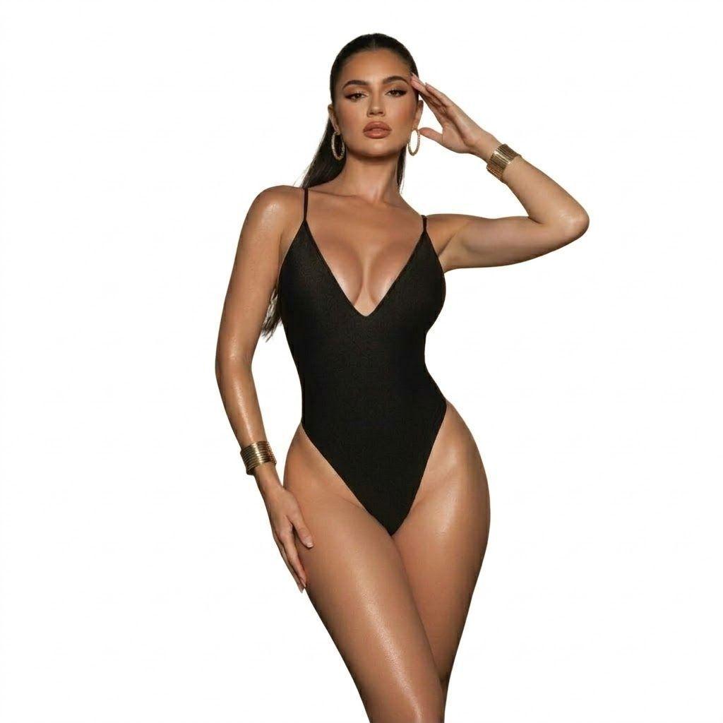 Traje de Baño Entero Negro Espalda Descubierta y Escote V Profundo Colaless-2
