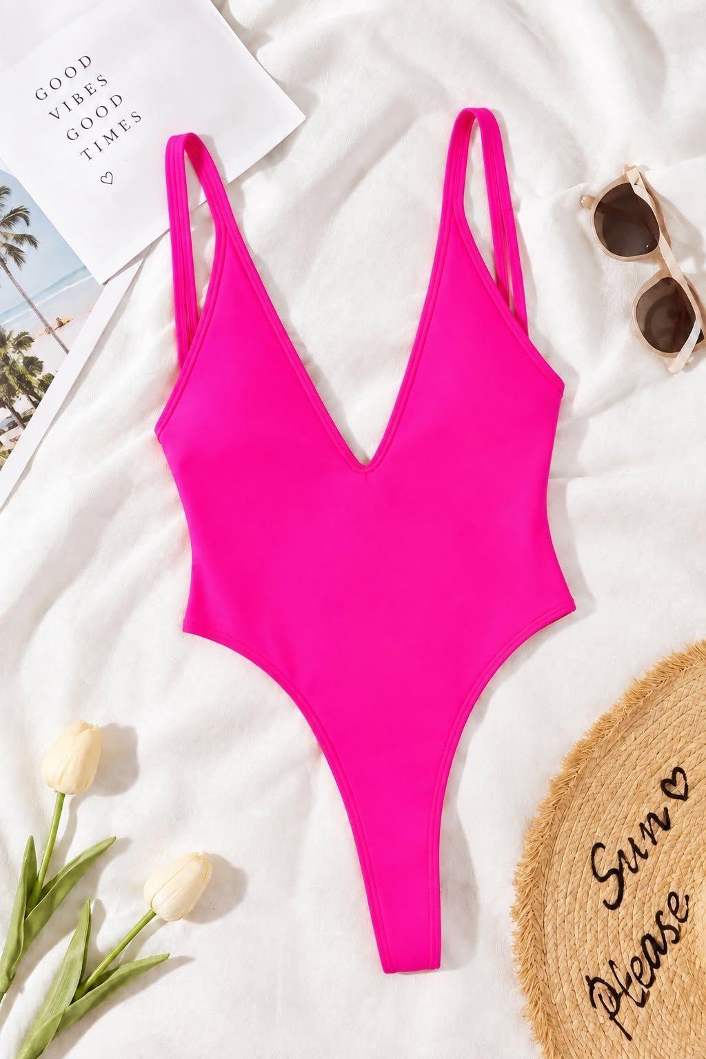 Traje De Baño Fucsia Con Escote en V y Espalda Descubierta Colaless-3