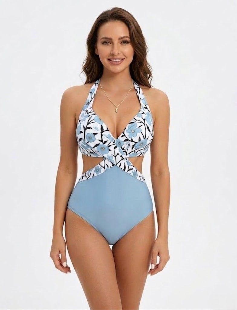 Traje de Baño de Una Pieza con Estampado Floral Celeste-0
