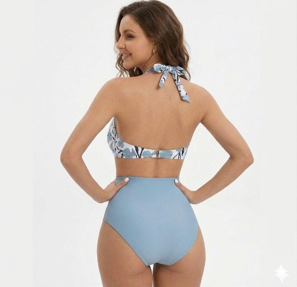 Traje de Baño de Una Pieza con Estampado Floral Celeste-1