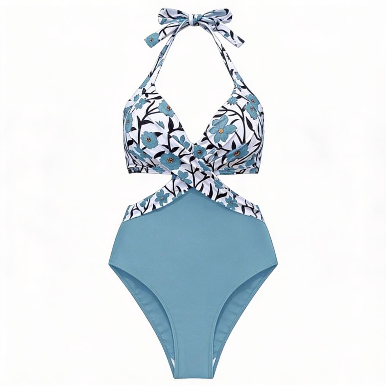 Traje de Baño de Una Pieza con Estampado Floral Celeste-6