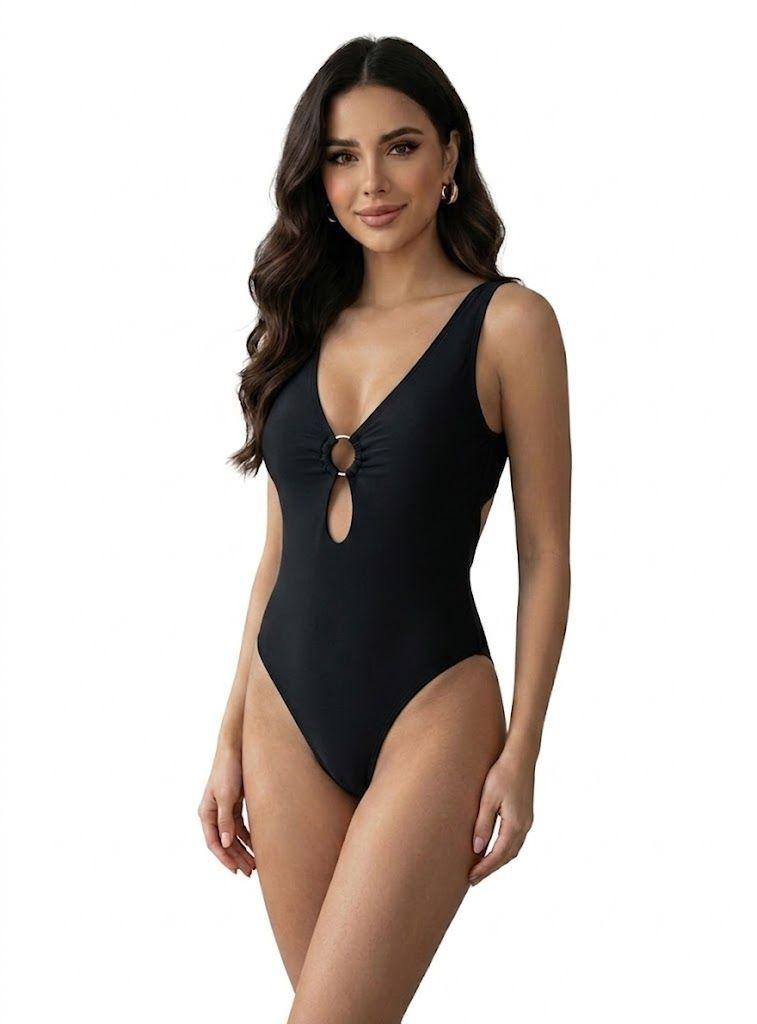 Traje de Baño de Una Pieza Negro Escote en V y Detalle de Aro-0