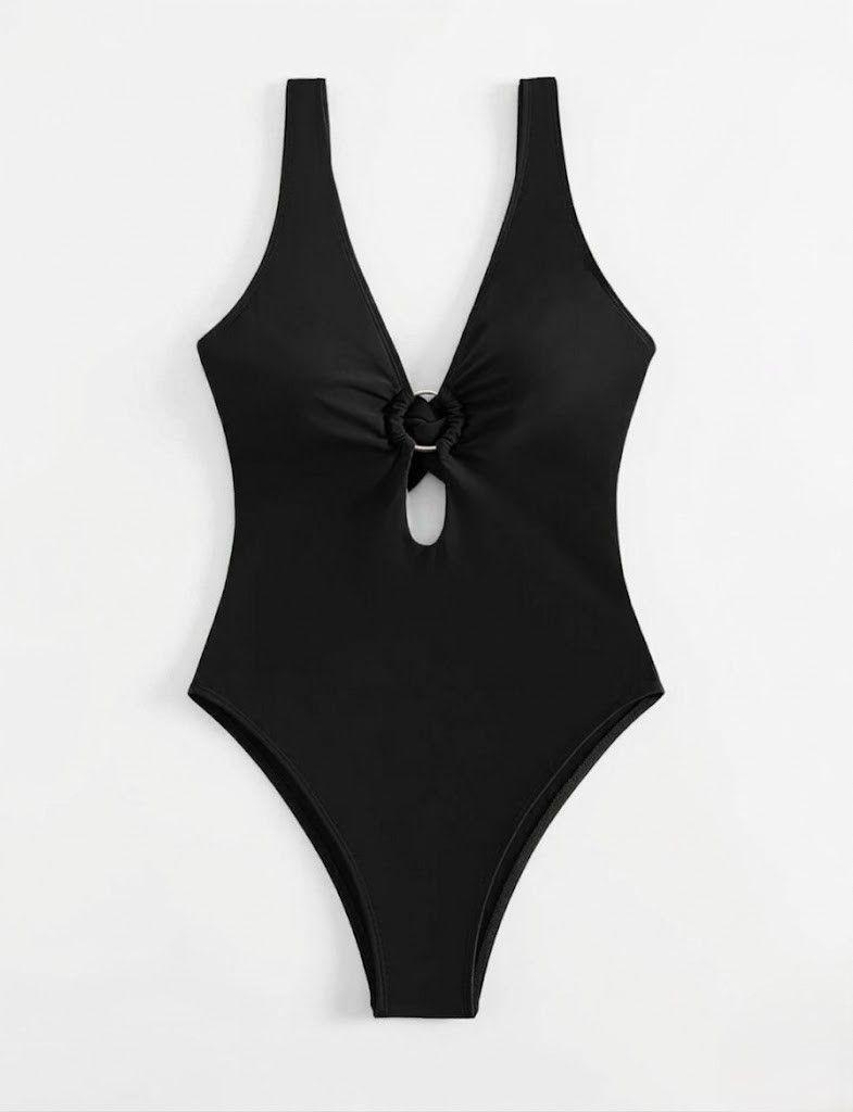 Traje de Baño de Una Pieza Negro Escote en V y Detalle de Aro-5