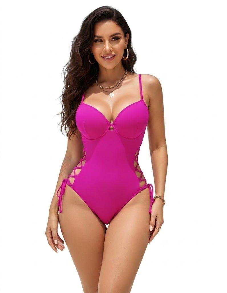 Traje de Baño Entero Fucsia con Copas y Cordones Laterales Tejidos-0