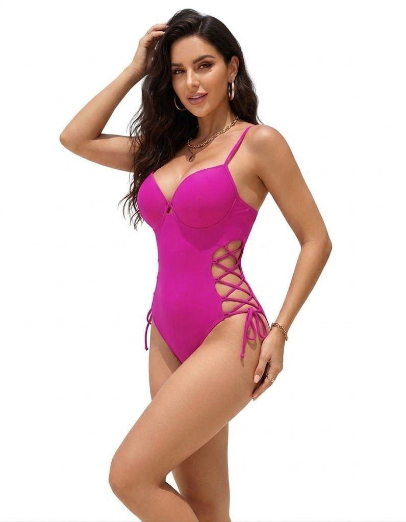 Traje de Baño Entero Fucsia con Copas y Cordones Laterales Tejidos-3