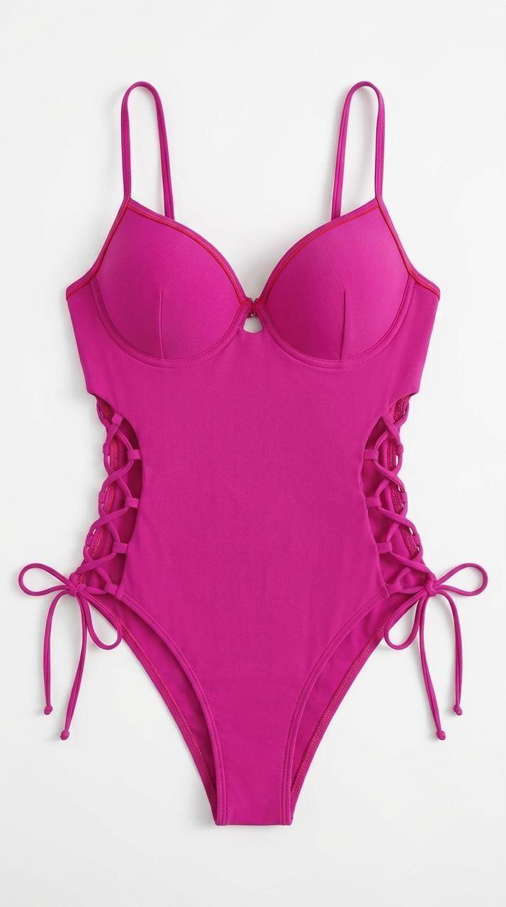 Traje de Baño Entero Fucsia con Copas y Cordones Laterales Tejidos-5