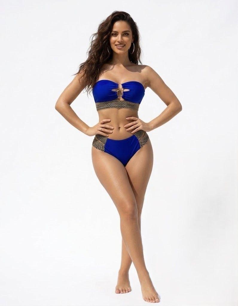 Bikini Azul Real con Aros Plateados y Cintura Texturizada en Dorado-2