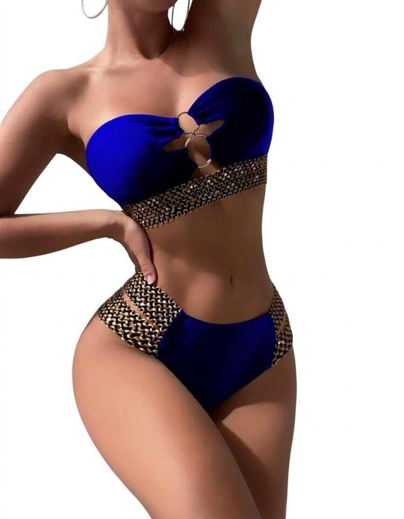 Bikini Azul Real con Aros Plateados y Cintura Texturizada en Dorado-4