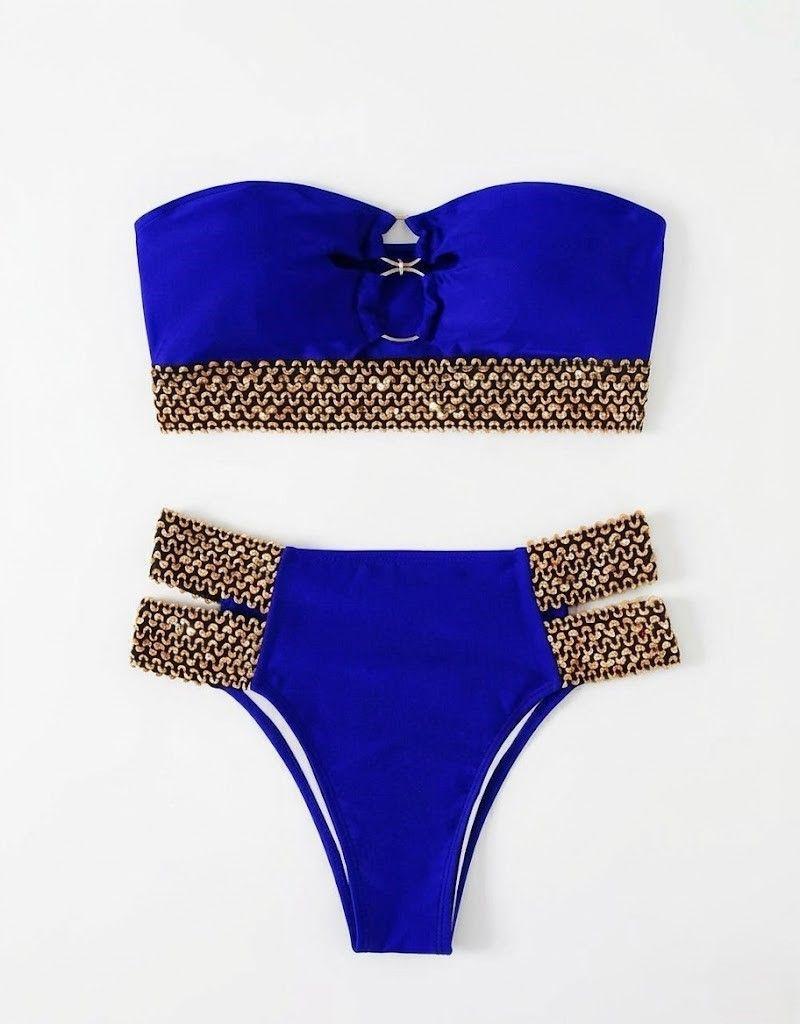 Bikini Azul Real con Aros Plateados y Cintura Texturizada en Dorado-5