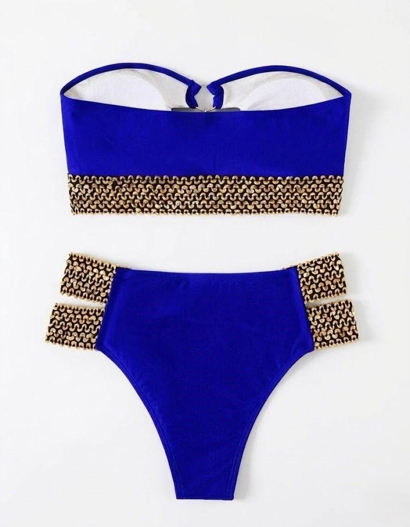Bikini Azul Real con Aros Plateados y Cintura Texturizada en Dorado-6