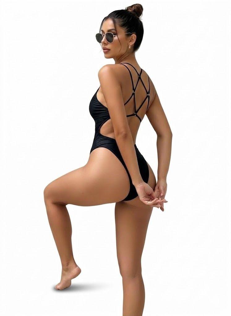 Traje de Baño Entero Negro Corte Alto Escote en la Espalda-4