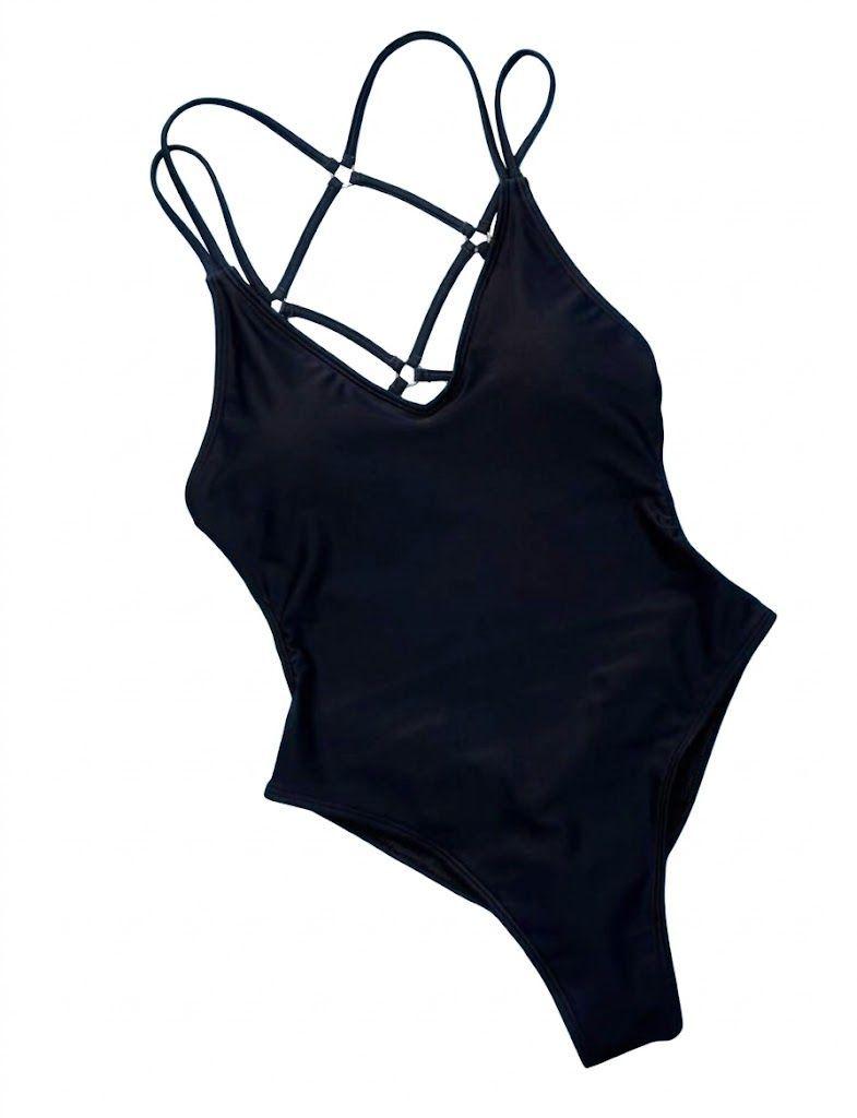Traje de Baño Entero Negro Corte Alto Escote en la Espalda-5