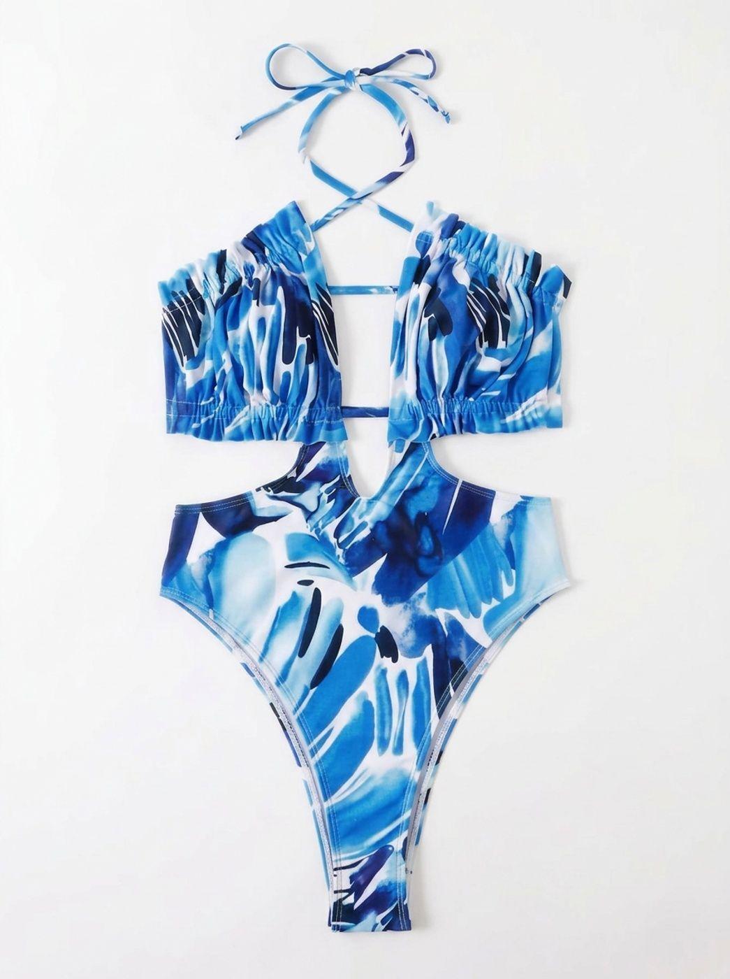 Trikini con Estampado Abstracto Azul Escote Halter y Cortes Laterales-4