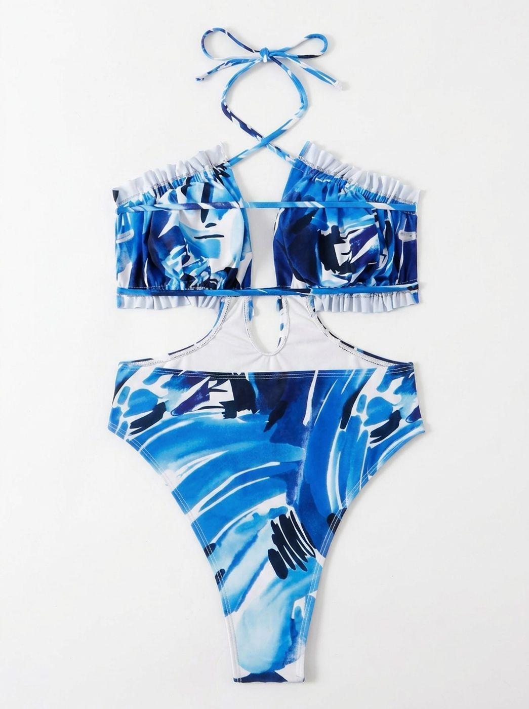 Trikini con Estampado Abstracto Azul Escote Halter y Cortes Laterales-5