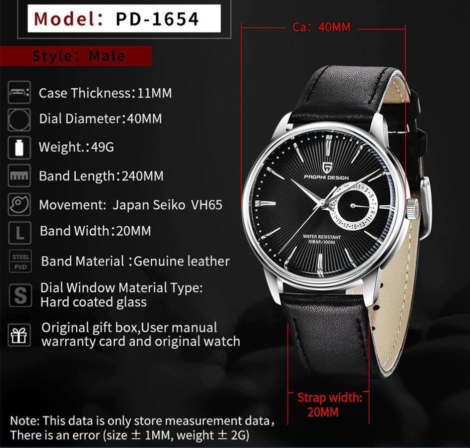 Reloj Hombre PAGANI ESTRATO Clásico Cuarzo Maquinaria Seiko Cuero Negro Genuino-3